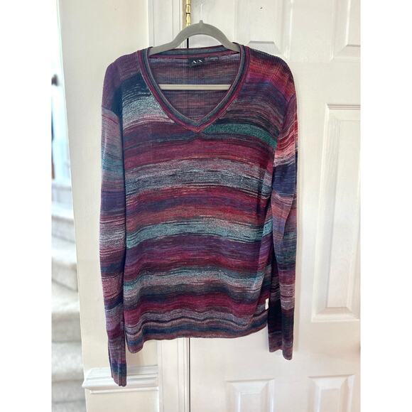 Armani Exchange Red & Blue Marled Watercolor Stripe Knit Linen Blend Sweater - Picture 1 of 5